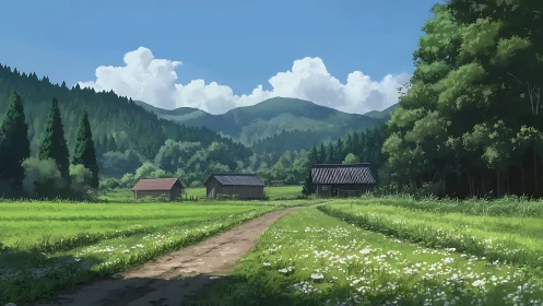 Rural farm structures align along dirt path before forested hills