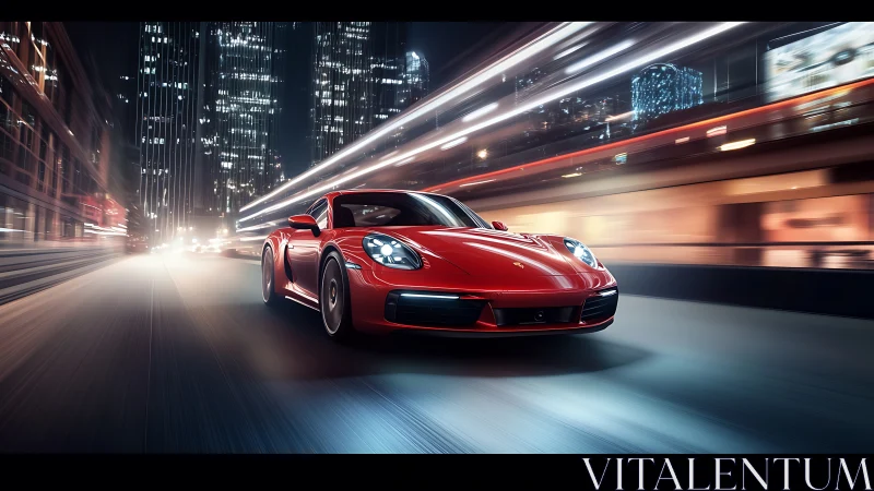 Sleek red sports car gliding confidently through city lights.