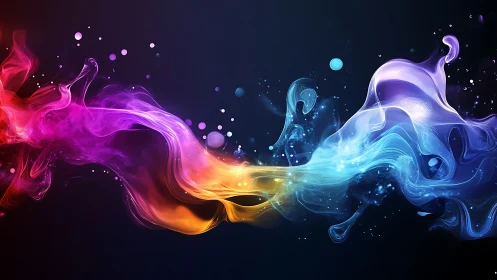 Colorful flowing light waves on dark abstract background.