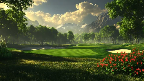 Sunlit mountain golf green with sculpted bunkers and flora.