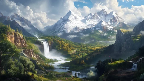 Snow peaks rise above lush valley with cascading waterfalls