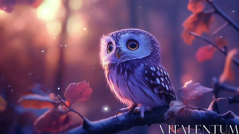 Whimsical baby owl perched on branch in dreamy, magical forest.