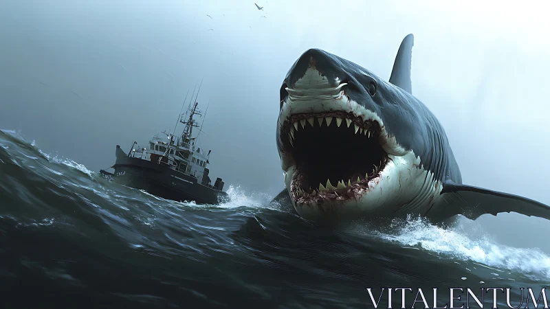Giant great white shark lunges near ship in rough sea.