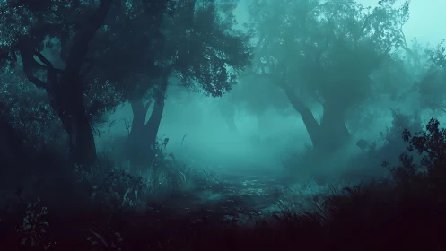Foggy forest path under dense trees in blue light.