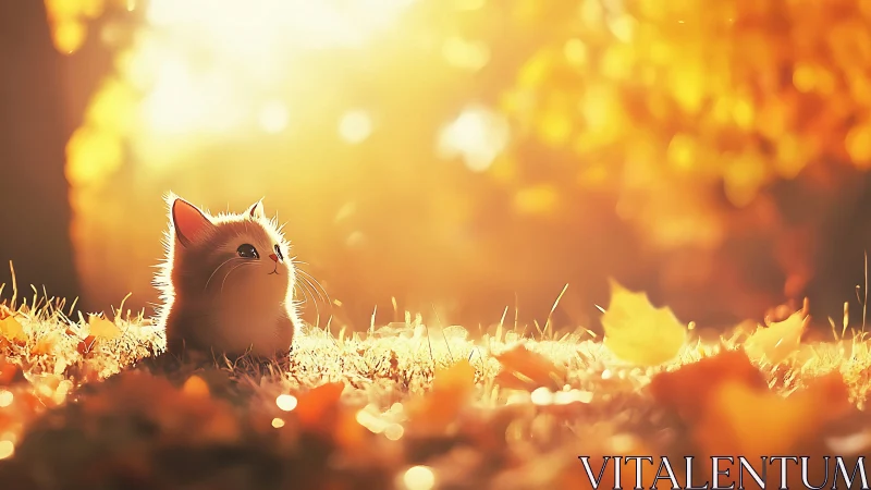 Kitten sits in glowing autumn field under warm sunlight