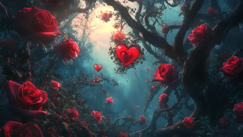 Ethereal forest landscape with luminous red roses and suspended heart symbols.