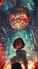 Young woman stands under burning circular structure in city