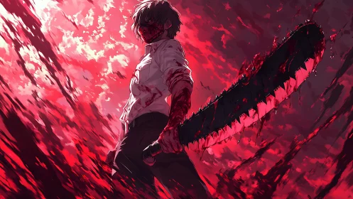 Blood-soaked swordsman stands beneath a raging crimson sky.