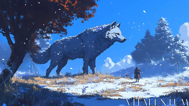 Giant white wolf meets lone traveler in a bright winter clearing