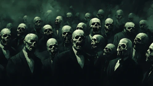 Decomposed skeletal executives in dense emerald atmospheric fog