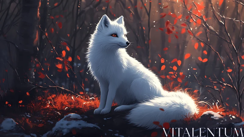 White fox rests in glowing autumn forest twilight scene