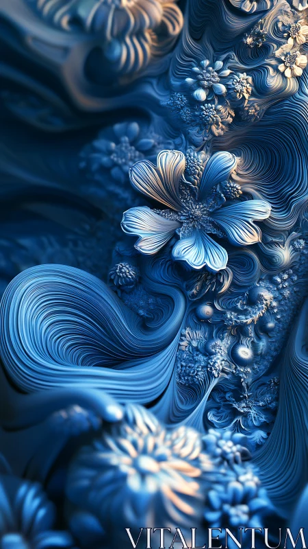 Dreamy blue floral waves swirling through soft light.