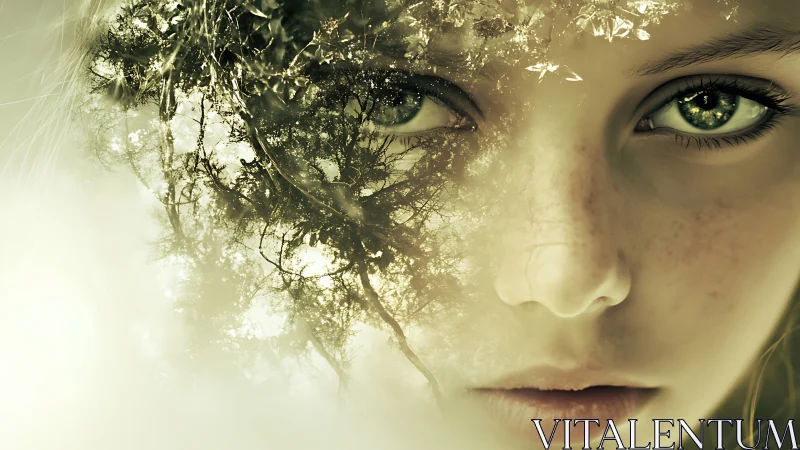 Surreal double exposure portrait merging girl and forest.
