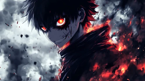 Dark figure with glowing red eyes amid smoke and embers.