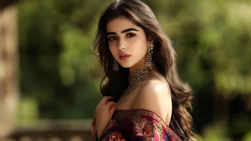 Portrait of woman in patterned wrap with blurred foliage.