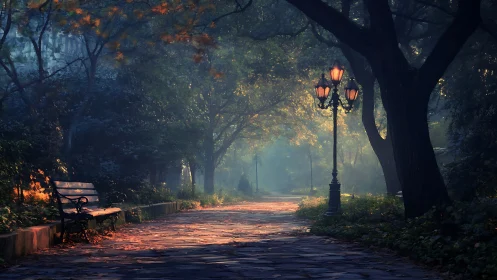 Twilight park lanterns quietly rehearse their sunrise glow