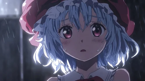 Rainlit anime girl with blue hair and red cap stares upward.