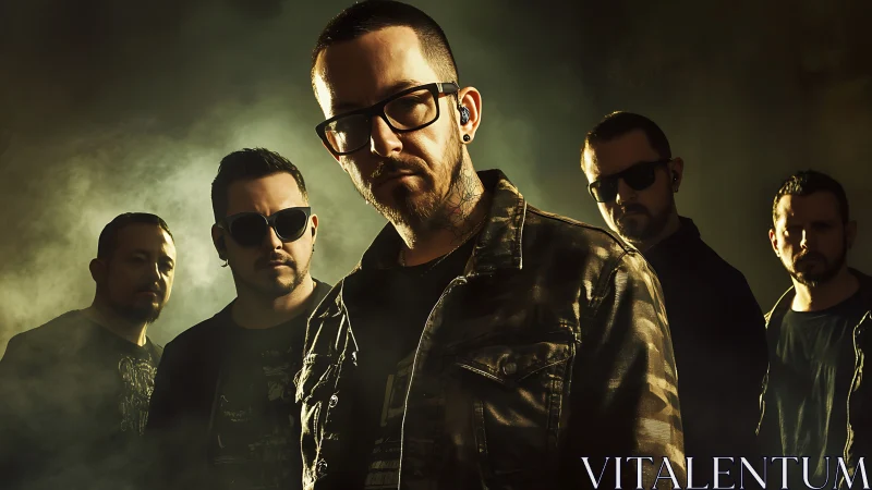 Rock band portrait with moody backlit stage lighting.