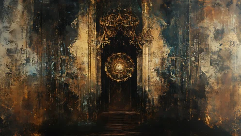 Ancient golden portal glows within a crumbling dark hall