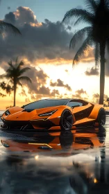 Orange hypercar glows on wet coastal road at sunset.