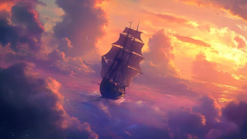 Dreamy tall ship sails through glowing sunset clouds