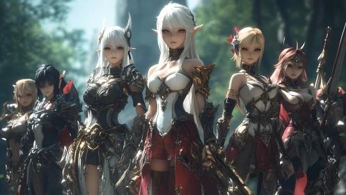 Fantasy elf warrior squad in ornate armor stands united.