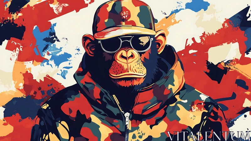 Camouflage-clad chimpanzee avatar in urban pigment turbulence.