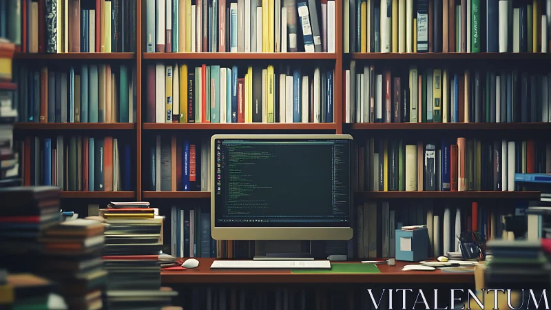 Code-lit command center amid towering library stacks.