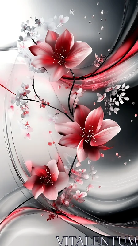 Red Petals Dancing Through Ethereal Mist.