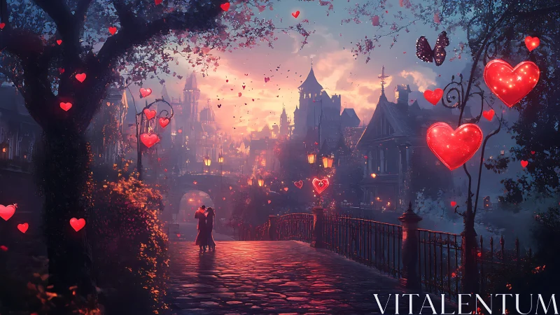 Nocturnal Palatial Cityscape with Luminescent Cardiac Iconography.