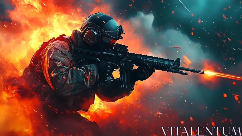 Armored soldier firing rifle amid intense battlefield fire.