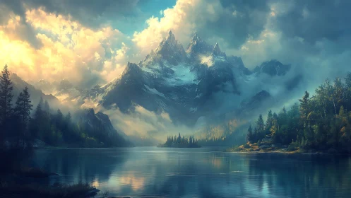 Dramatic mountain lake landscape under glowing clouds.