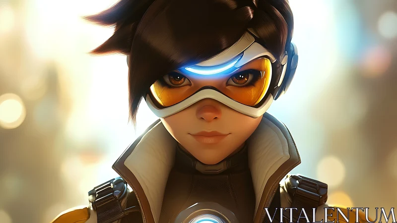 Futuristic female hero portrait with glowing visor and suit.