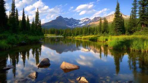 Alpine conifer lake reflects glaciated peaks in warm daylight