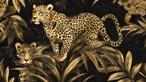 Spotted Leopards in Golden Foliage Against Black.