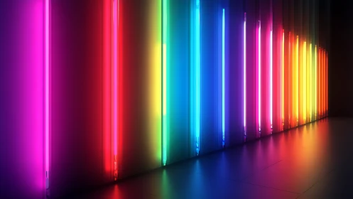 Neon light corridor with vertical rainbow spectrum bars.