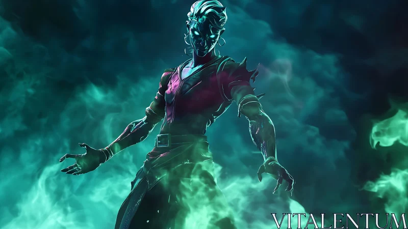 Spectral cyber-warlock emerging through neon emerald fog
