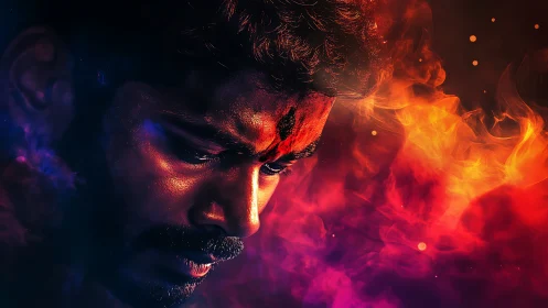 Intense male portrait surrounded by vivid swirling flames.