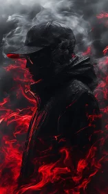 Hooded figure in cap surrounded by red smoke and fire.