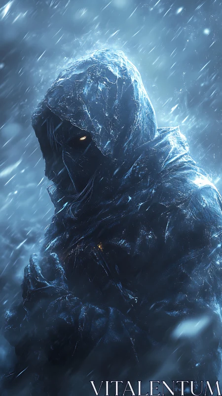 Hooded ice-wreathed sentinel in blizzard, cinematic backlight.