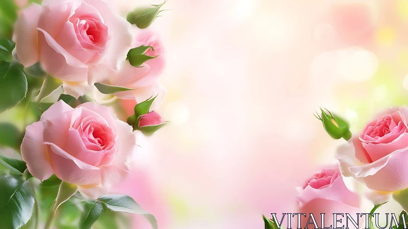 Photorealistic pink garden roses with bokeh background rendering soft ambient depth