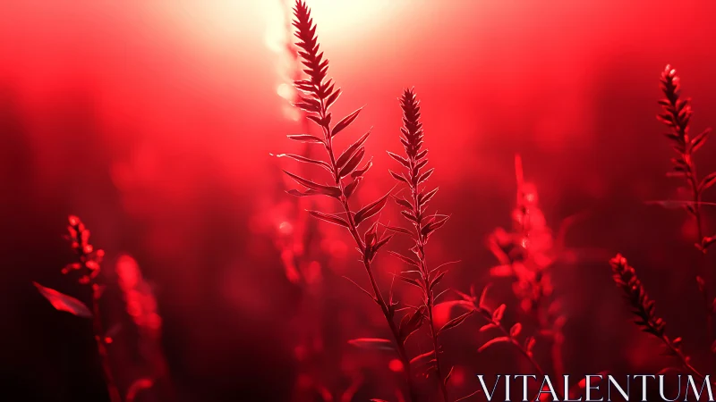 Backlit plant stems stand in shallow depth of field red light