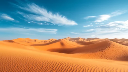 Sunlit desert dunes with wind-carved patterns and vivid sky.