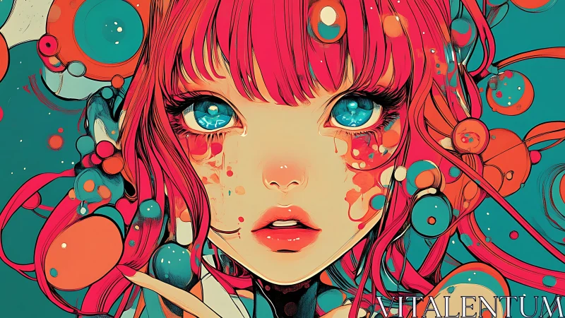 Bubble-bright stargazer girl drifts in teal and coral dreams