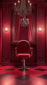 Ornate red salon chair under crystal chandelier lighting