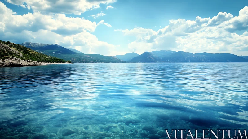 Calm turquoise sea meets distant mountain coastline under clouds