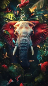 Elephant head framed by jungle leaves and bright parrots.