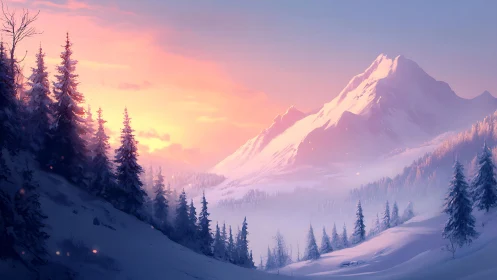 Snow covered conifer forest and distant mountain range at dawn.