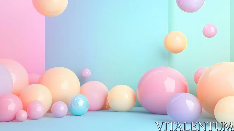 Pastel 3D spheres populate a minimal gradient corner space