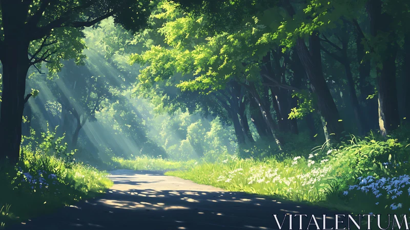 Sunlit Forest Path Through Towering Trees.